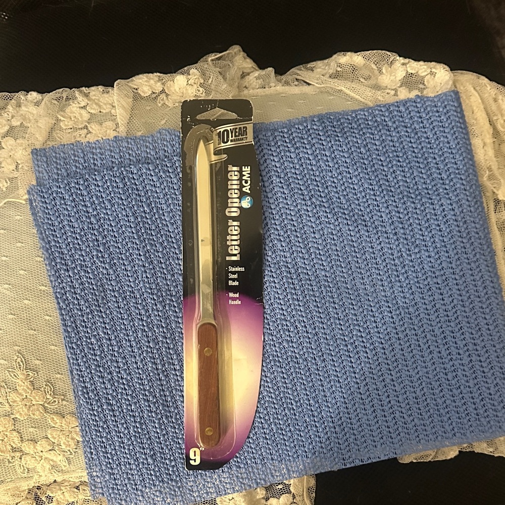ACME Letter Opener with Wooden Handle and Purple Packaging